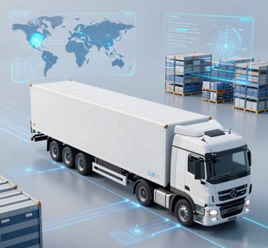 A sleek digital map overlay showing global transport routes connected by glowing AI data points.