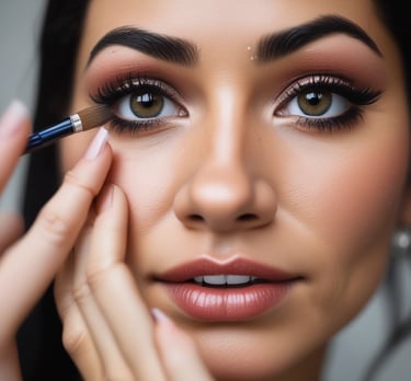 A set of clean mascara and eyeliners with green leaves in the background symbolizing natural ingredients.