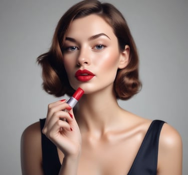 Close-up of vibrant lipsticks arranged artistically on a marble surface.