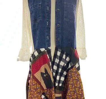 a woman's duster with a patchwork design bottom and denim and lace top