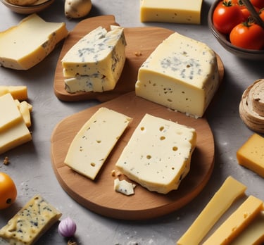 Cheese wheels stacked in a cozy cellar with warm lighting.