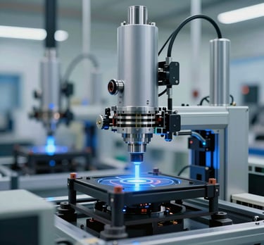 A close-up of a high-tech manufacturing facility with blue and white lights, symbolizing precision engineering and modern tech development.