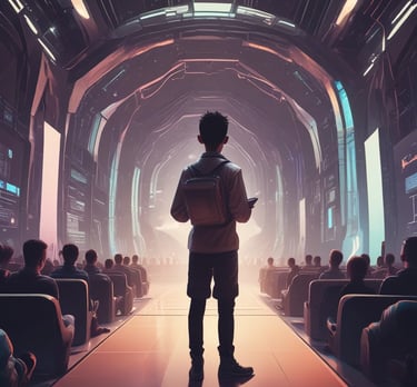 Futuristic blue and purple silhouette of a young person interacting with digital holograms