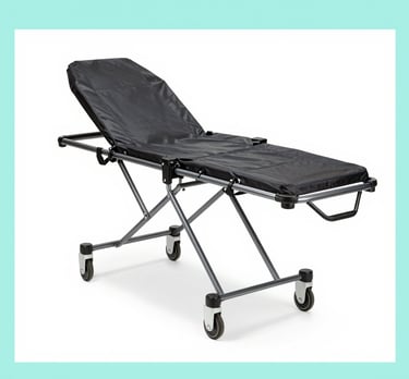 A sturdy, foldable medical stretcher with blue padding ready for patient transport.