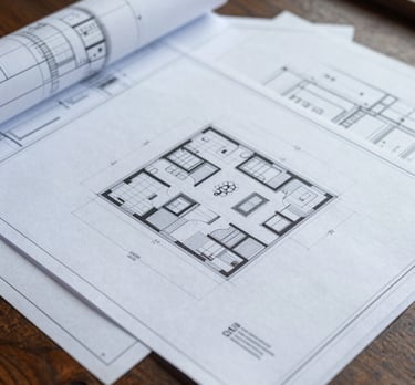 Close-up of architectural blueprints overlaid with clean legal documents on a dark wooden desk, sharp natural daylight, desaturated blue and concrete gray tones, 50mm lens