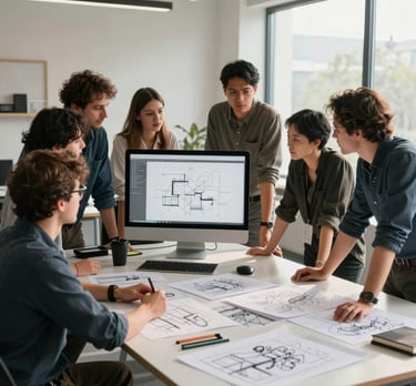 A professional portrait of a design team collaborating around a large table in a sun-drenched, modern North American studio. They are looking at large monitors and physical sketches. The mood is highly professional, collaborative, and forward-thinking.