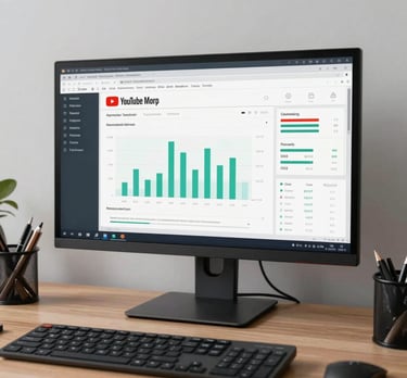 A professional workspace with a large monitor displaying YouTube analytics and monetization graphs, clean and sophisticated.