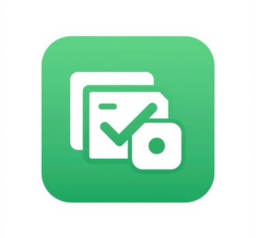Green app icon featuring white document icons with a checkmark for task completion and productivity.