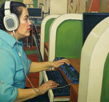 mulher se conectando na internet com fone de condução ossea e teclado assistivo