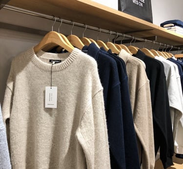 A sleek, minimalist display of men's wear featuring neutral-toned jackets and tailored pants on modern hangers.