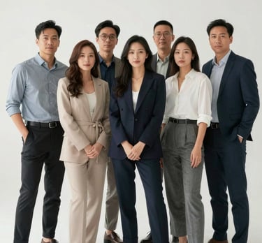 A clean, bright studio portrait of a collaborative professional team in a modern environment. North American / International attire, confident and modern tone.