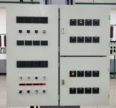 Technicians inspecting a high-performance electrical system in an industrial plant under bright lighting