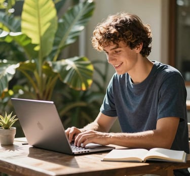 A smiling student on a sunny outdoor terrace studying German on a laptop, vibrant green tropical foliage in the foreground, bright warm sunlight, high contrast.