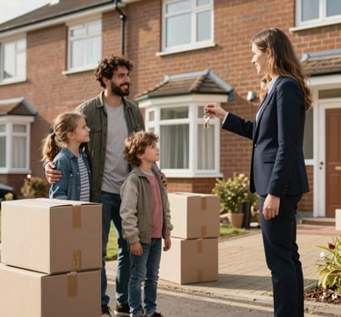 A real estate agent hands house keys to a happy family with moving boxes in front of their new home.