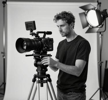 A black and white portrait of a lead cinematographer standing behind a tripod, looking off-camera. The lighting is sophisticated and professional, set in a modern studio. Global / International.