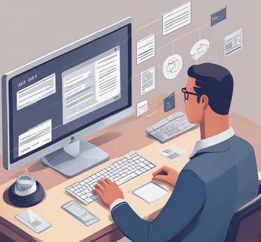 A friendly business owner happily responding to messages on a smartphone surrounded by icons of Instagram and Facebook.