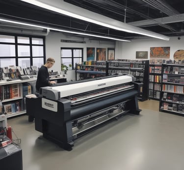 Close-up of vibrant vinyl prints displayed on a workshop table.