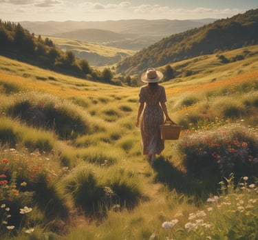 A serene morning scene with a mature woman practicing gentle yoga in a sunlit garden