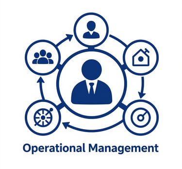 Focused employees managing operational tasks on computers in a navy-blue themed office.