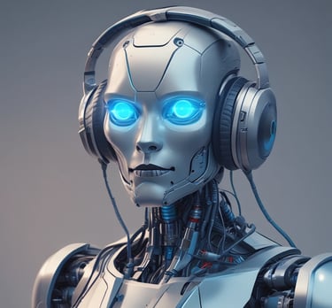 a robot with headphones and a blue light