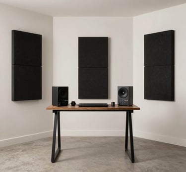 An interior wide shot of a clean, modern home studio in the US, with sound diffusion panels on the wall and high-end digital gear.