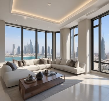 A stunning Dubai penthouse with panoramic city views at sunset.