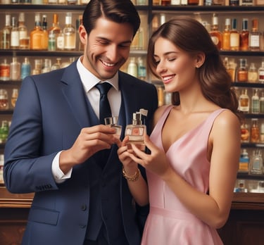 A cozy scene showing a customer testing a perfume sample in a bright, welcoming store corner.