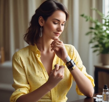 A close-up of elegant perfume bottles arranged on a wooden shelf with soft lighting.
