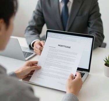 A professional mortgage advisor discussing loan options with a young couple in a bright, modern office.
