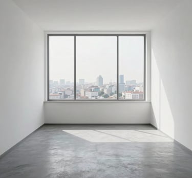 A clean, empty minimalist office space with a large window looking out at a blurry Turkish city skyline. White walls, grey floor, modern and peaceful.