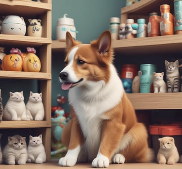 A cozy pet store corner with shelves filled with colorful pet toys and accessories.