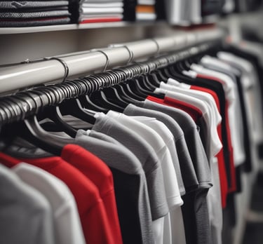 A vibrant display of Kirkwood Choir merchandise including t-shirts and hoodies on a wooden table.
