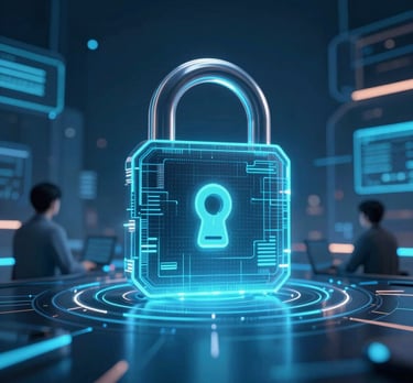 A modern workspace with a laptop displaying cybersecurity code and AI graphics on screen