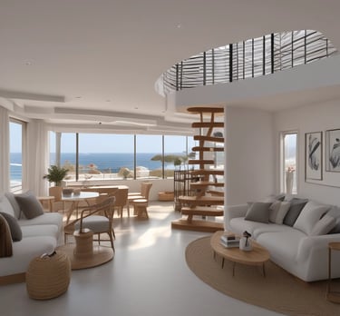 Modern 45 m² mezonette apartment with large windows and balcony view.