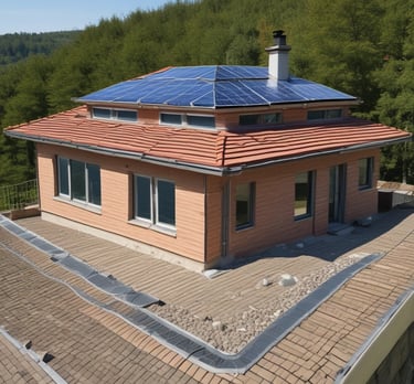 A sleek dark blue car parked in front of a modern building, symbolizing vehicle insurance.