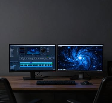 Minimalist shot of an editing suite in a charcoal-walled room. Two monitors glow with a dark cosmos blue color palette.