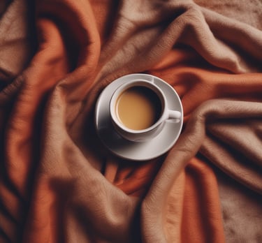 A cozy, softly lit scene with a warm cup of tea beside a stack of thoughtfully wrapped gifts on a wooden table