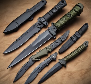 Elegant set of black-handled steak knives arranged neatly on a minimalist black slate tray.