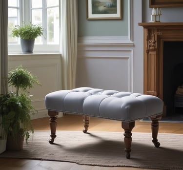 A stylish footstool with elegant fabric and wooden legs, placed in a warm living room setting.