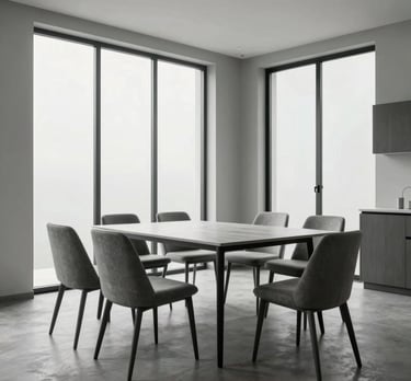 An empty, minimalist dining room with large windows and clean grey furniture. Calm and sophisticated atmosphere.