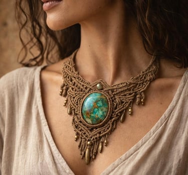 Collar llamativo bohemio de macramé hecho a mano con un gran colgante de piedra turquesa en cuello