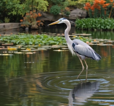 A heron flying away from a pond protected by the Pond Guard system at dawn.