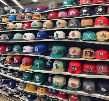 A selection of trendy caps and hats displayed on a rustic wooden table.
