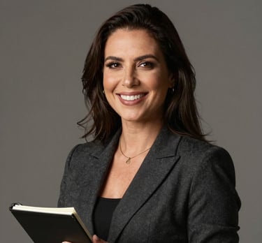 Elegant headshot of Laiane Guedes, smiling warmly, holding a notebook, dark slate corporate attire, photographed in Jaraguá do Sul, Brazil. Professional portrait photography with high-end lighting.