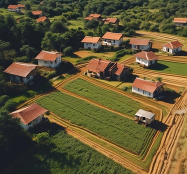 A sunny urban plot near paved roads and streetlights.