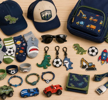 Collection of kids' accessories featuring dinosaur and construction patterns on hats, backpacks, and socks.