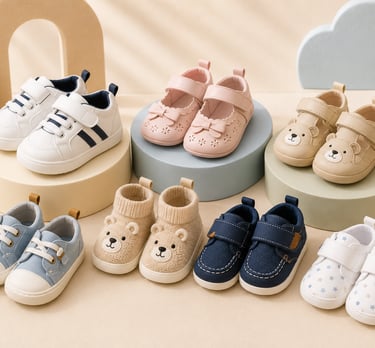 Collection of stylish baby shoes, including sneakers, loafers, and boots for infants and toddlers.