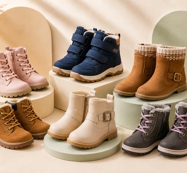 A collection of stylish winter boots for kids in various colors like pink, navy, and tan.