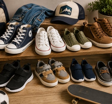 Collection of stylish children's shoes including sneakers, boots, and loafers displayed on wooden shelves with a skateboard.