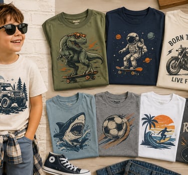 Young boy wearing a graphic tee next to an assortment of children's t-shirts with dinosaur, space, and sports designs.